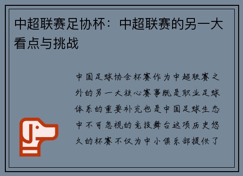 中超联赛足协杯：中超联赛的另一大看点与挑战